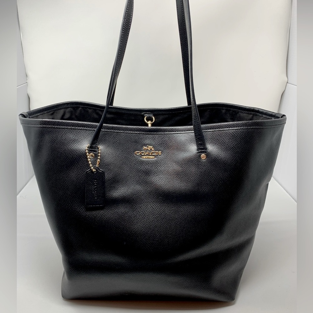 Coach Black Leather Tote Bag with Clip-Closure